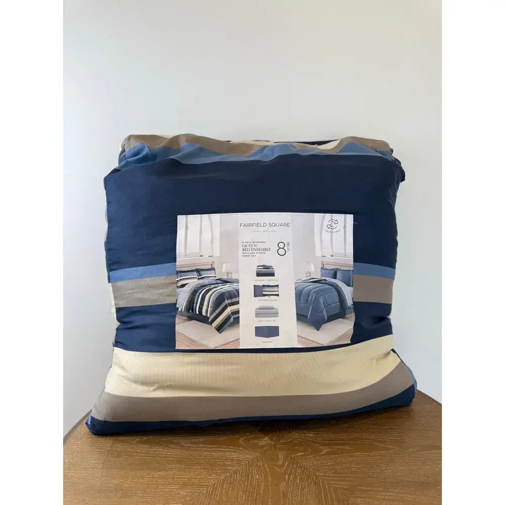 Fairfield Square Queen 8pc Reversible Bed in a Bag Comforter Sheet Set Navy Blue